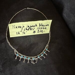 Turquoise and Silver Navajo Squash Blossom Necklace 16 1/4”